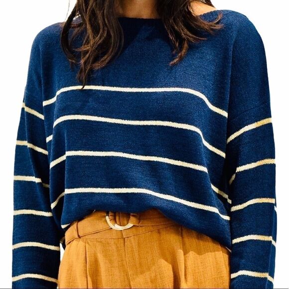 NWT THEKORNER Navy & Tan Stripe TightKnit Sweater - Picture 5 of 7